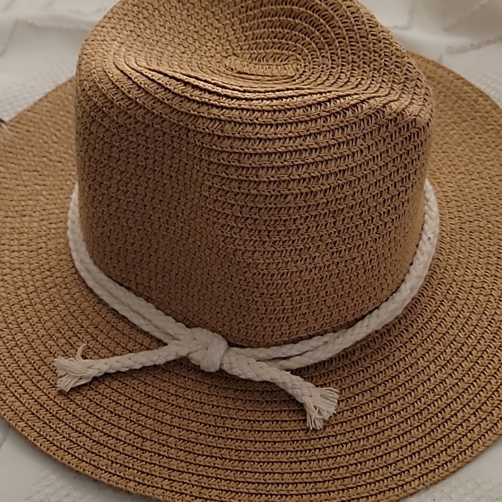 Source Unknown Tan Straw Sun Hat with White Rope Band